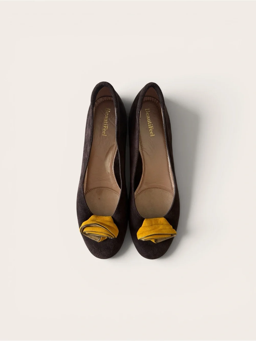 BeautiFeel Dark Brown Suede Flats with Yellow Rosette Accent
